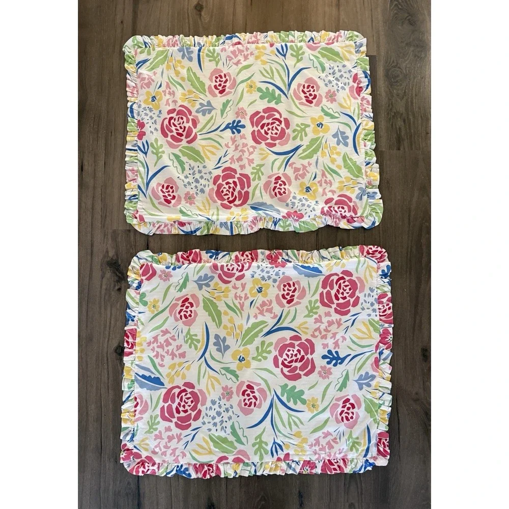 Southern Tide Kiawah Floral Pillow Shams (2) Reversible Pink Green Stripe Ruffle